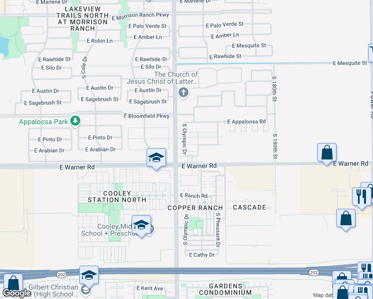 map of restaurants, bars, coffee shops, grocery stores, and more near 11601-12369 South Recker Road in Gilbert