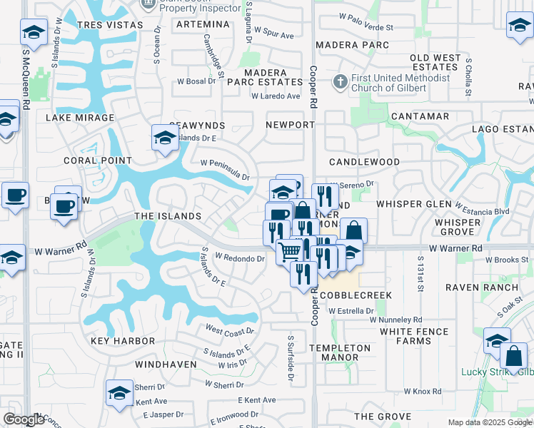 map of restaurants, bars, coffee shops, grocery stores, and more near 708 South Martinique Drive in Gilbert