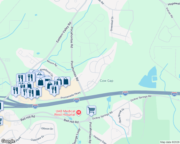 map of restaurants, bars, coffee shops, grocery stores, and more near 4838 Mountain Gap Drive in Bessemer