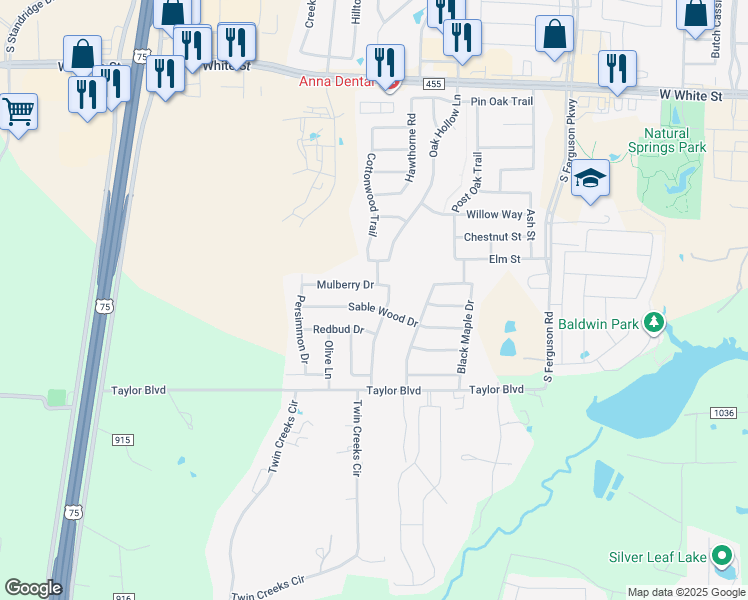 map of restaurants, bars, coffee shops, grocery stores, and more near 2109 Mulberry Drive in Anna