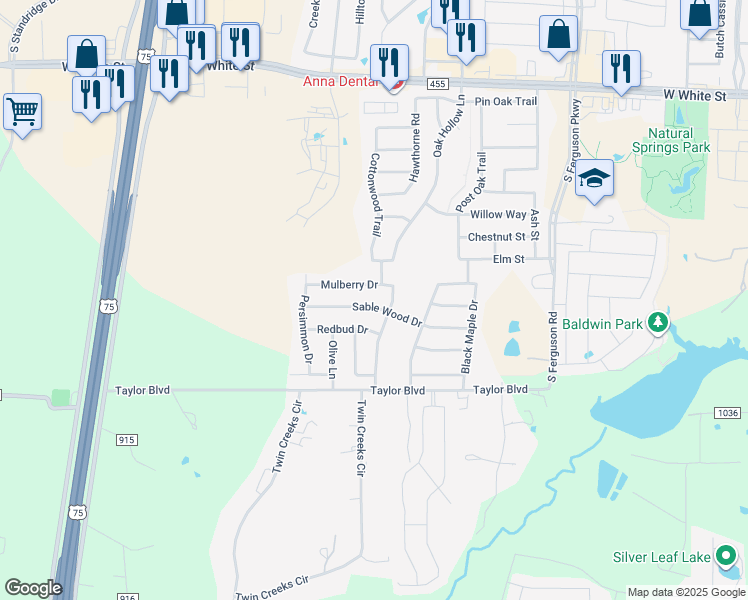 map of restaurants, bars, coffee shops, grocery stores, and more near 2122 Sablewood Drive in Anna