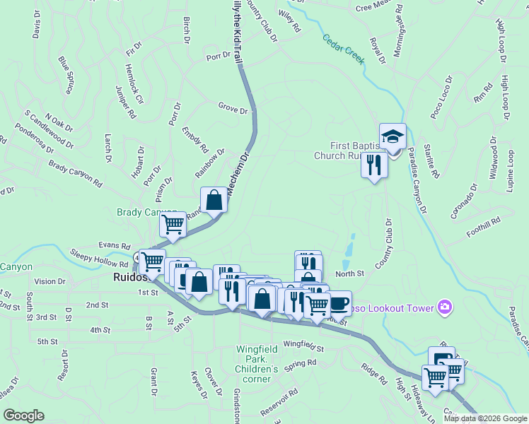 map of restaurants, bars, coffee shops, grocery stores, and more near 105 Mashie Place in Ruidoso