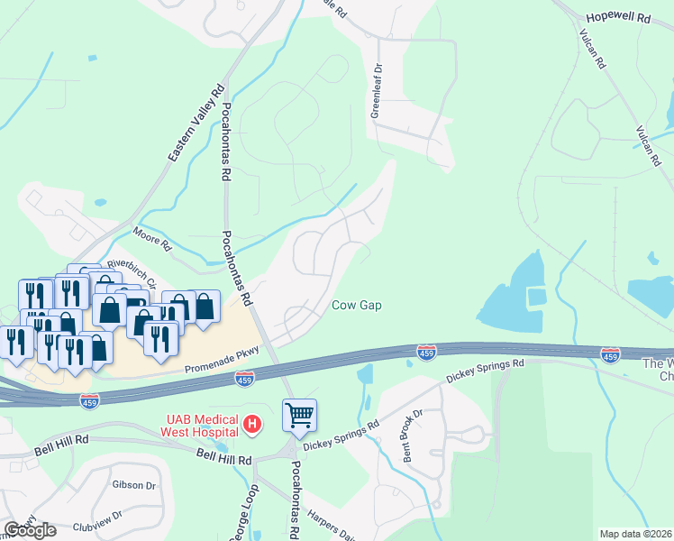 map of restaurants, bars, coffee shops, grocery stores, and more near 4898 Mountain Gap Drive in Bessemer
