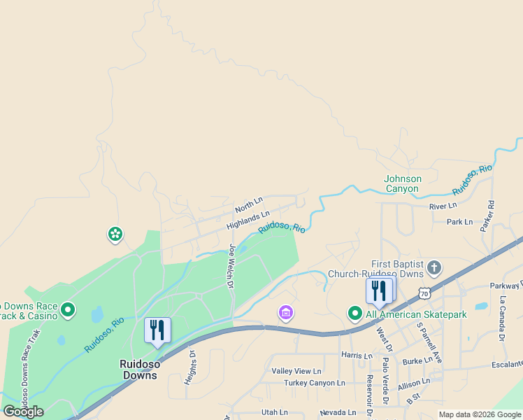 map of restaurants, bars, coffee shops, grocery stores, and more near 207 North Lane in Ruidoso Downs