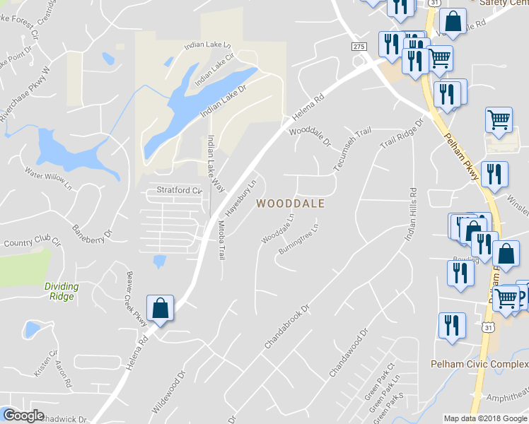 map of restaurants, bars, coffee shops, grocery stores, and more near 136 Hayesbury Court in Pelham