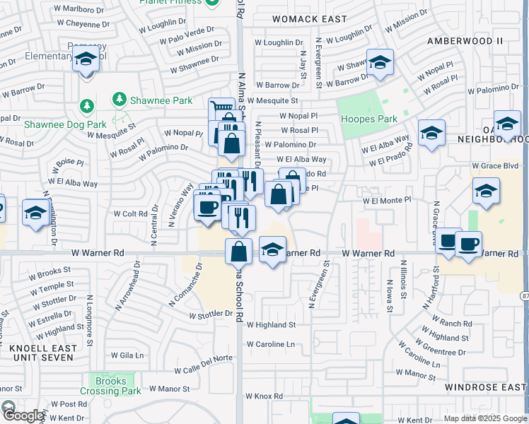 map of restaurants, bars, coffee shops, grocery stores, and more near 2075 North Alma School Road in Chandler