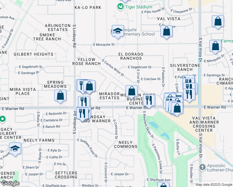 map of restaurants, bars, coffee shops, grocery stores, and more near 1093 East Appaloosa Road in Gilbert