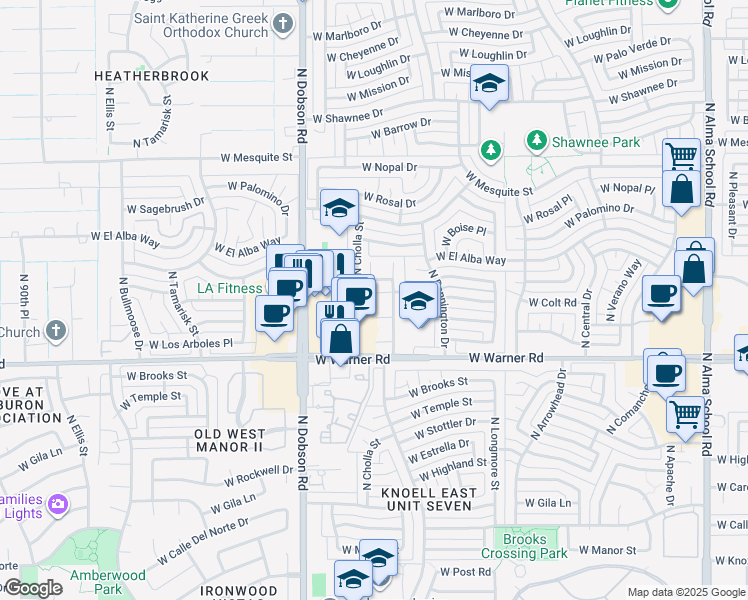 map of restaurants, bars, coffee shops, grocery stores, and more near 1758 West Colt Road in Chandler