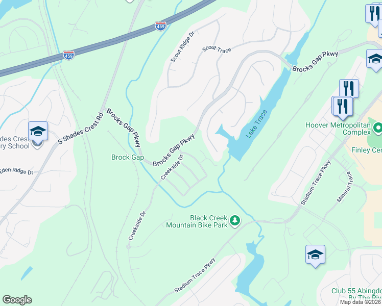 map of restaurants, bars, coffee shops, grocery stores, and more near 1550 Brocks Gap Parkway in Birmingham