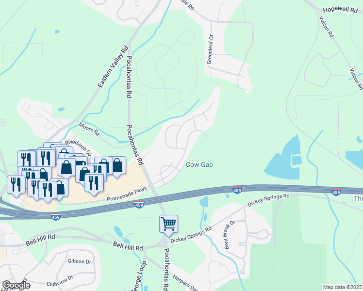 map of restaurants, bars, coffee shops, grocery stores, and more near 4894 Mountain Gap Drive in Bessemer
