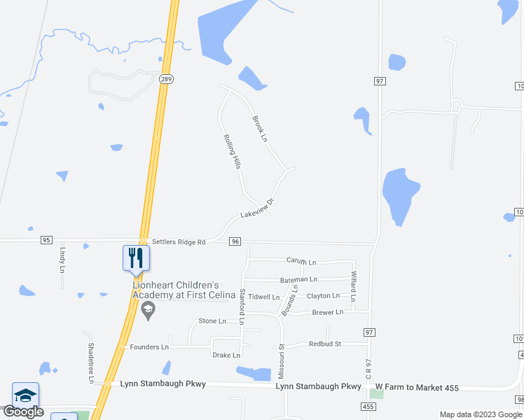 map of restaurants, bars, coffee shops, grocery stores, and more near Lakeview in Celina