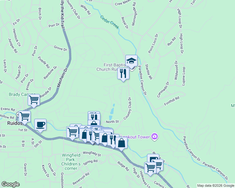 map of restaurants, bars, coffee shops, grocery stores, and more near 105 Bogie Lane in Ruidoso