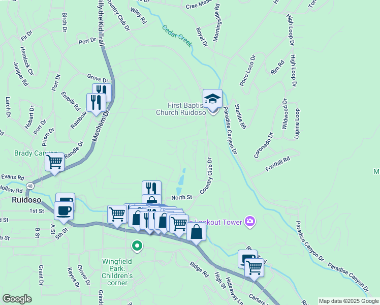map of restaurants, bars, coffee shops, grocery stores, and more near 105 Bogie Lane in Ruidoso