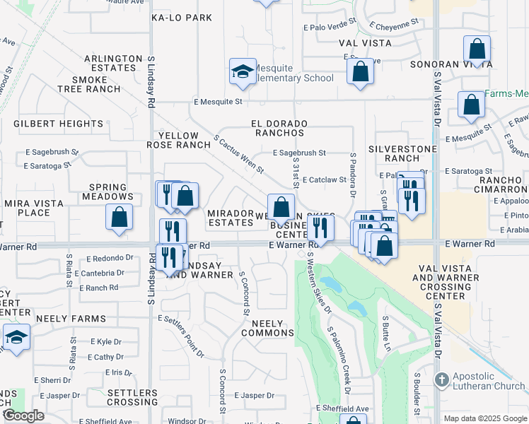 map of restaurants, bars, coffee shops, grocery stores, and more near 1093 East Appaloosa Road in Gilbert