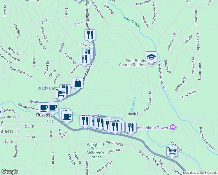 map of restaurants, bars, coffee shops, grocery stores, and more near 207 Eagle Dr in Ruidoso