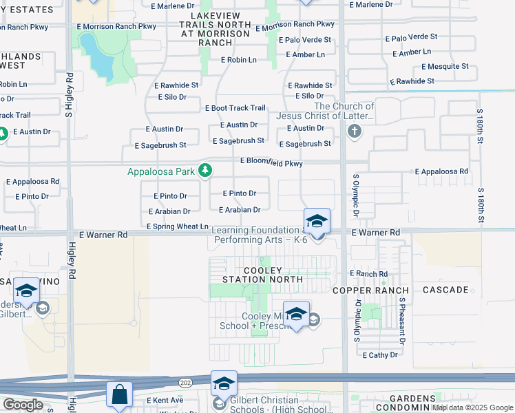map of restaurants, bars, coffee shops, grocery stores, and more near 3754 East Arabian Drive in Gilbert