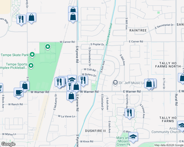 map of restaurants, bars, coffee shops, grocery stores, and more near 412 West Bolero Drive in Tempe