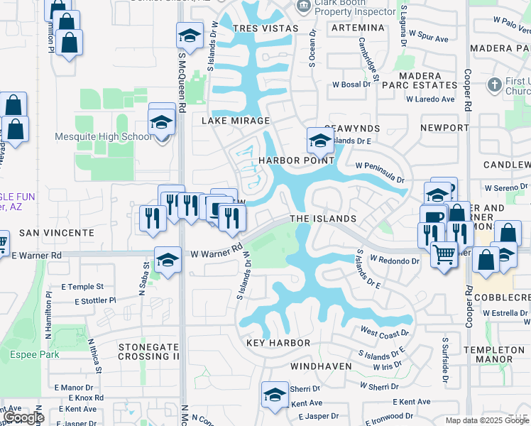 map of restaurants, bars, coffee shops, grocery stores, and more near 1300 West Warner Road in Gilbert