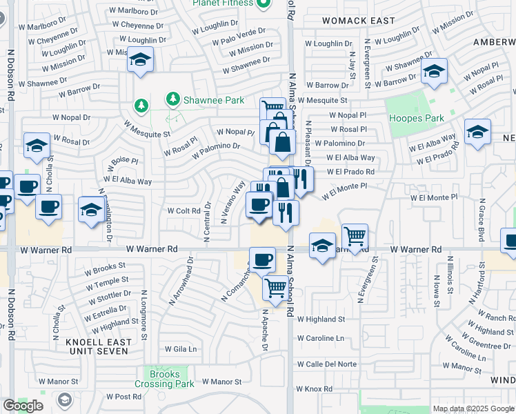 map of restaurants, bars, coffee shops, grocery stores, and more near 2201 North Comanche Drive in Chandler