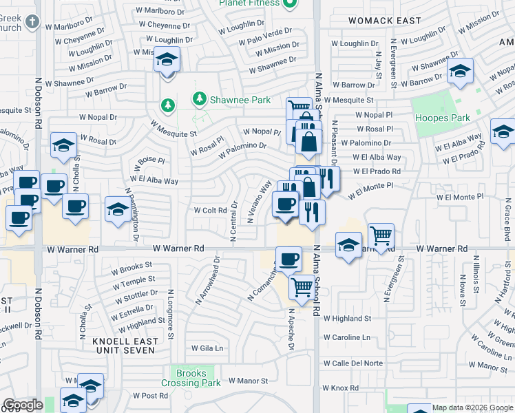 map of restaurants, bars, coffee shops, grocery stores, and more near 2105 North Verano Way in Chandler