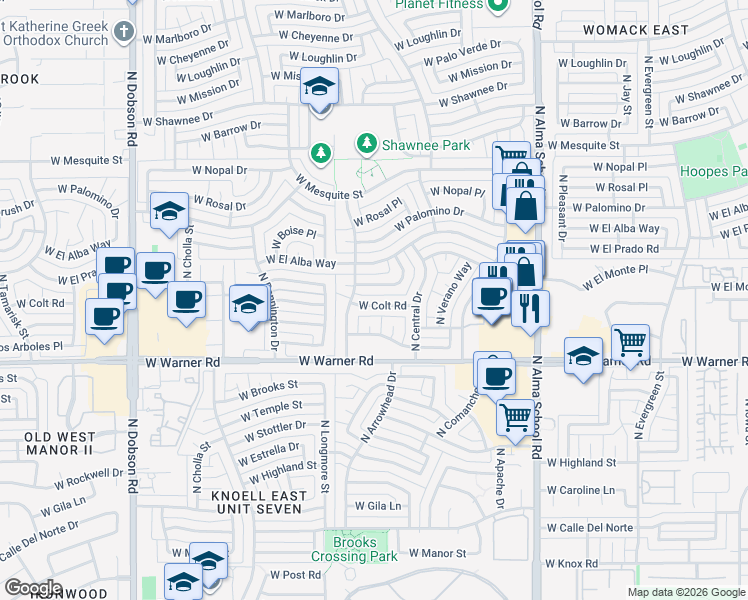 map of restaurants, bars, coffee shops, grocery stores, and more near 1419 West El Monte Place in Chandler