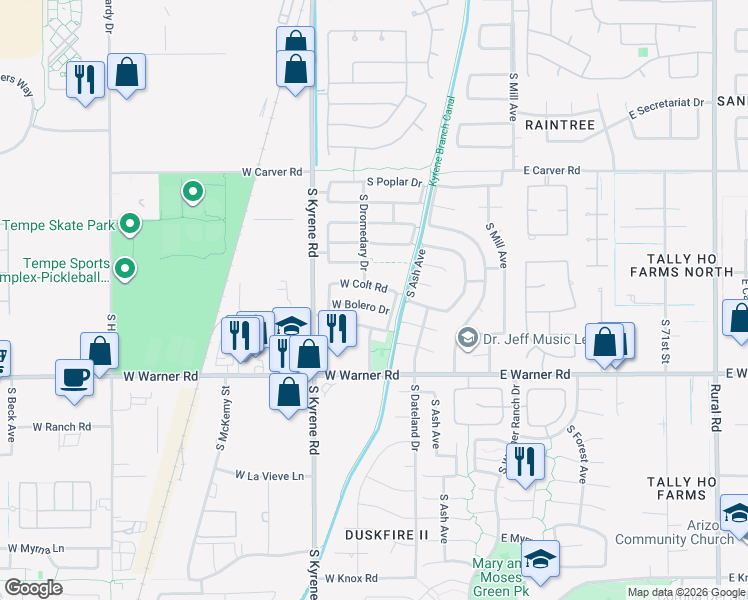 map of restaurants, bars, coffee shops, grocery stores, and more near 412 West Bolero Drive in Tempe