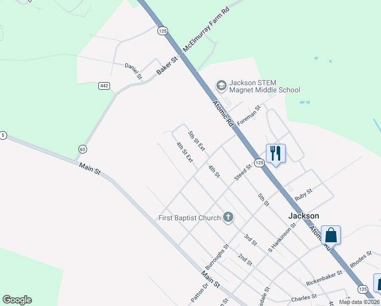 map of restaurants, bars, coffee shops, grocery stores, and more near 607 4th Street Extension in Jackson