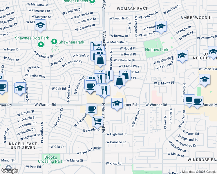 map of restaurants, bars, coffee shops, grocery stores, and more near 2075 North Alma School Road in Chandler