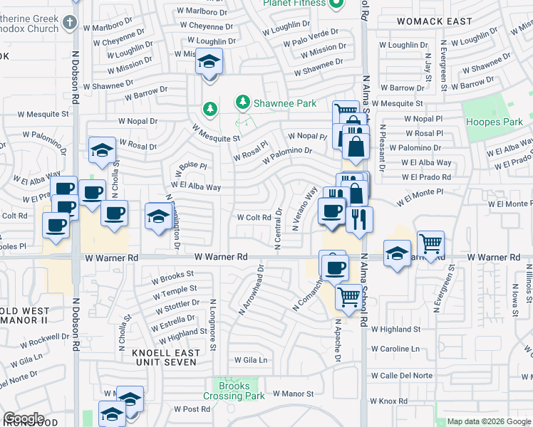 map of restaurants, bars, coffee shops, grocery stores, and more near 1419 West El Monte Place in Chandler