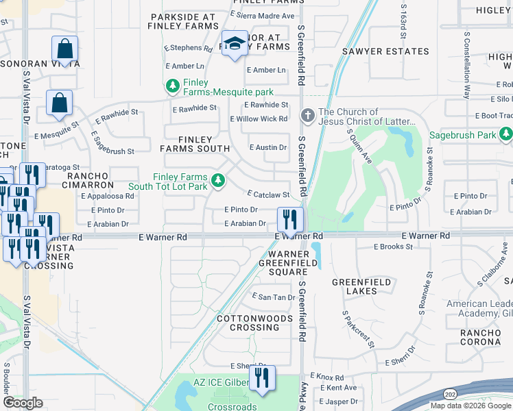 map of restaurants, bars, coffee shops, grocery stores, and more near 2279 East Catclaw Street in Gilbert