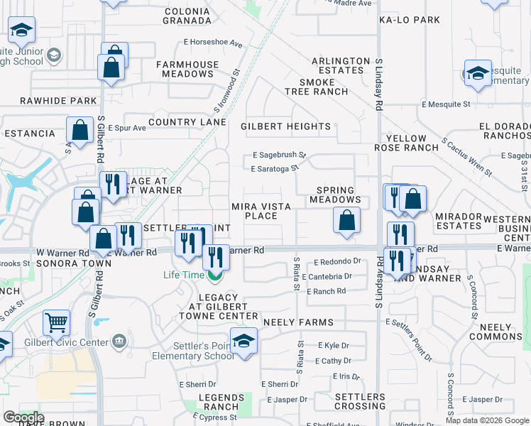 map of restaurants, bars, coffee shops, grocery stores, and more near 481 East Appaloosa Road in Gilbert