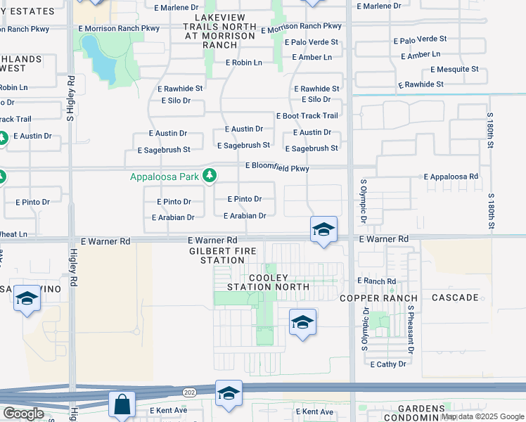map of restaurants, bars, coffee shops, grocery stores, and more near 3754 East Arabian Drive in Gilbert