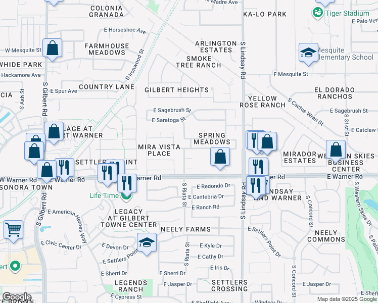 map of restaurants, bars, coffee shops, grocery stores, and more near 625 East Appaloosa Road in Gilbert