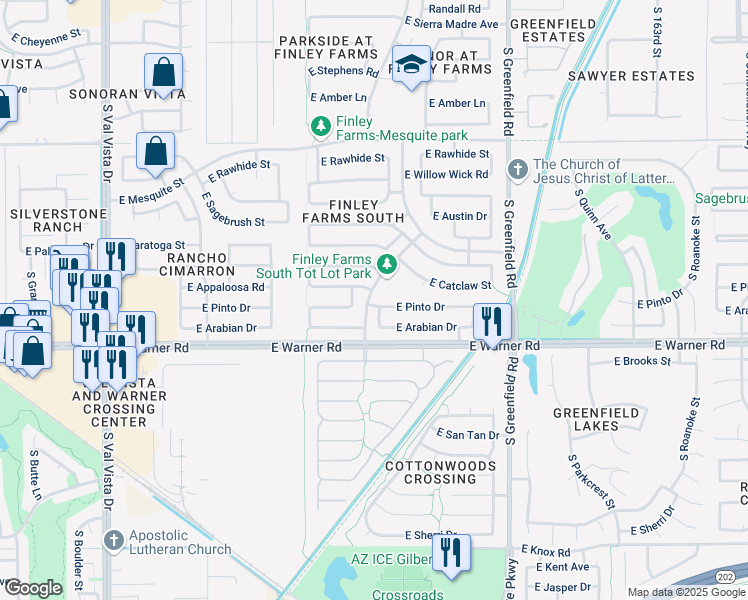 map of restaurants, bars, coffee shops, grocery stores, and more near 2130 East Pinto Drive in Gilbert