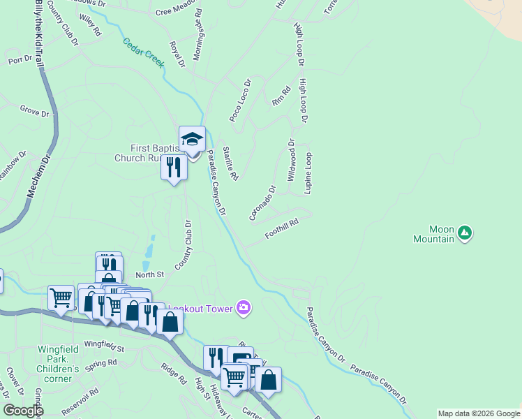 map of restaurants, bars, coffee shops, grocery stores, and more near 122 Coronado Drive in Ruidoso