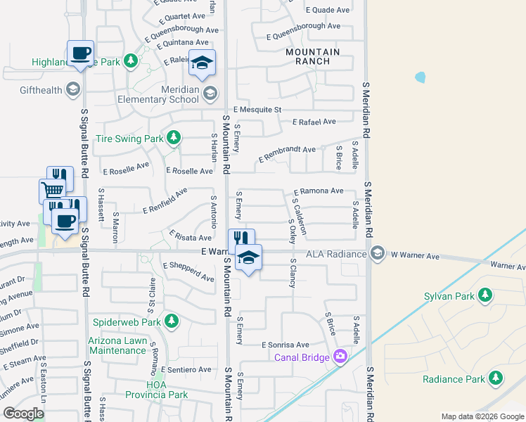 map of restaurants, bars, coffee shops, grocery stores, and more near 11311 East Renfield Avenue in Mesa