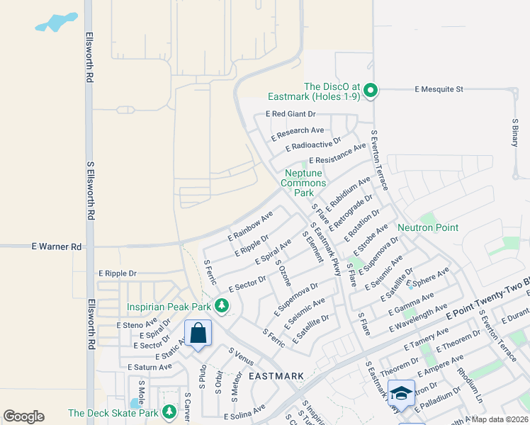 map of restaurants, bars, coffee shops, grocery stores, and more near East Warner Road in Mesa