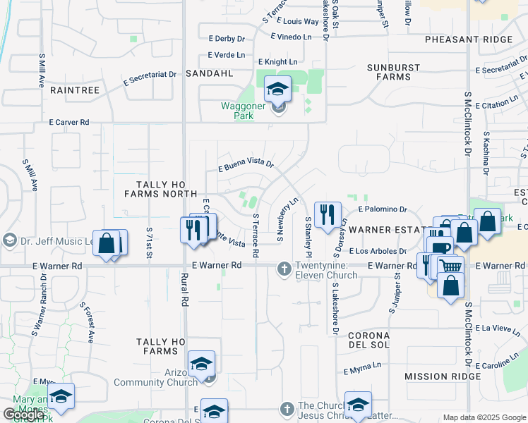 map of restaurants, bars, coffee shops, grocery stores, and more near 8525 South Terrace Road in Tempe