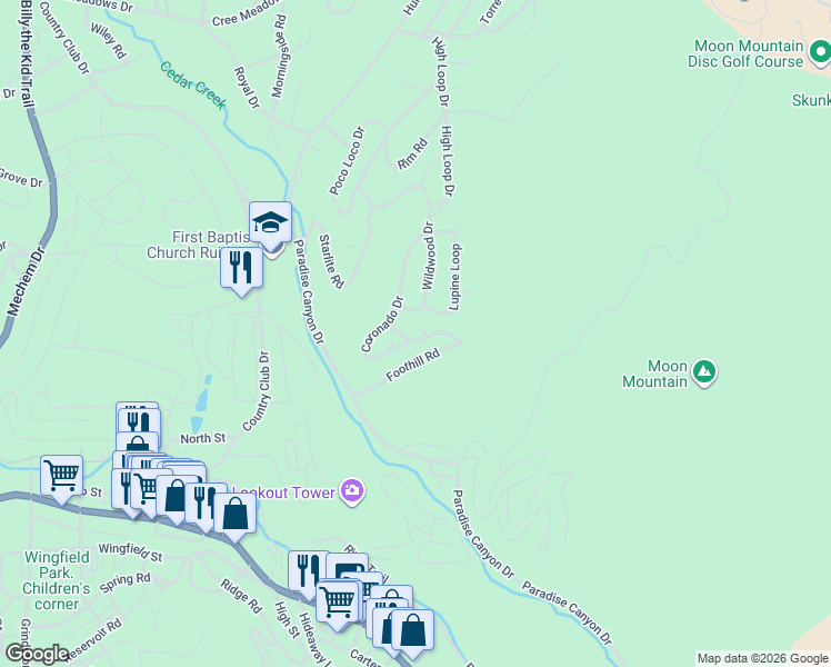 map of restaurants, bars, coffee shops, grocery stores, and more near 100 Lilac Lane in Ruidoso