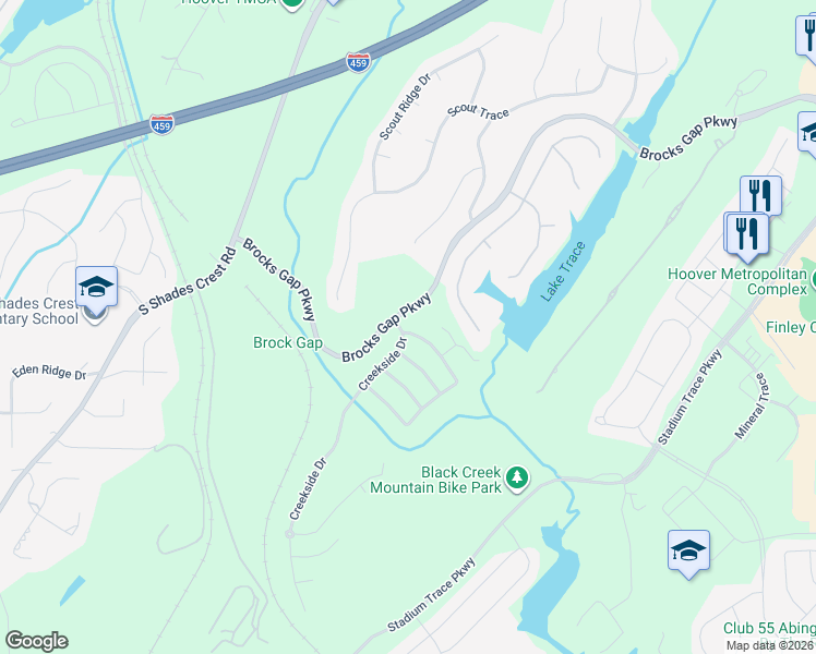 map of restaurants, bars, coffee shops, grocery stores, and more near 5200 Creekside Loop in Birmingham