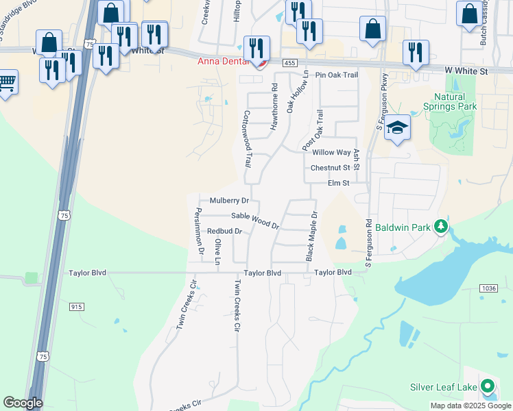 map of restaurants, bars, coffee shops, grocery stores, and more near 2109 Mulberry Drive in Anna