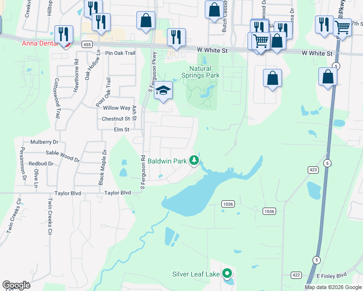 map of restaurants, bars, coffee shops, grocery stores, and more near 1210 Rockridge Trail in Anna