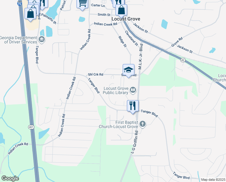 map of restaurants, bars, coffee shops, grocery stores, and more near 1905 Denmark Ct in Locust Grove