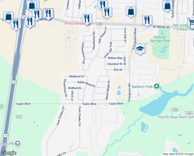 map of restaurants, bars, coffee shops, grocery stores, and more near 1512 Black Willow Trail in Anna