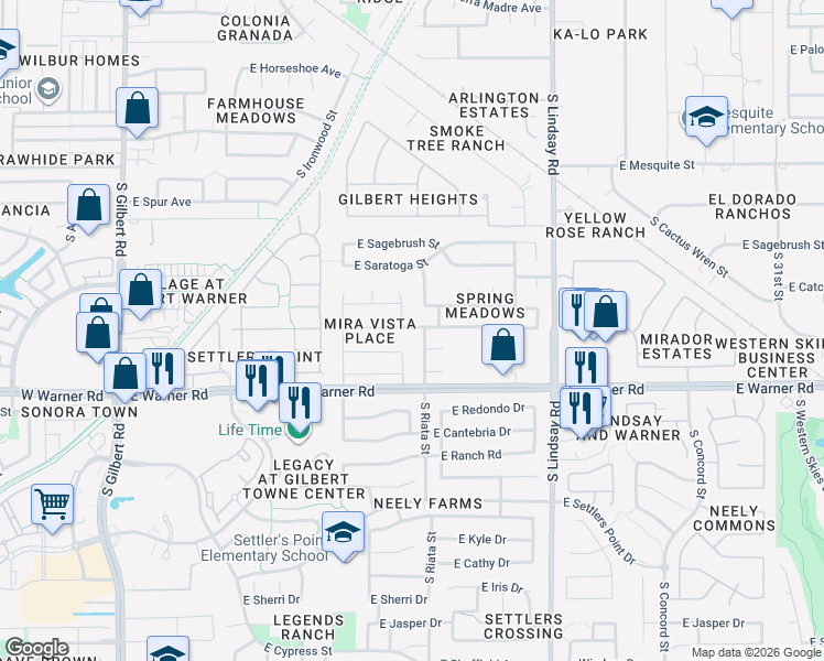 map of restaurants, bars, coffee shops, grocery stores, and more near 545 East Appaloosa Road in Gilbert