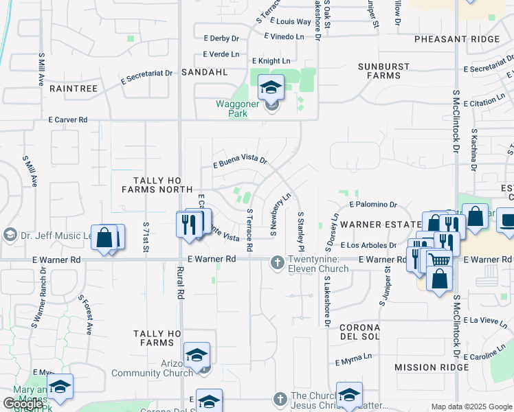 map of restaurants, bars, coffee shops, grocery stores, and more near 8525 South Terrace Road in Tempe