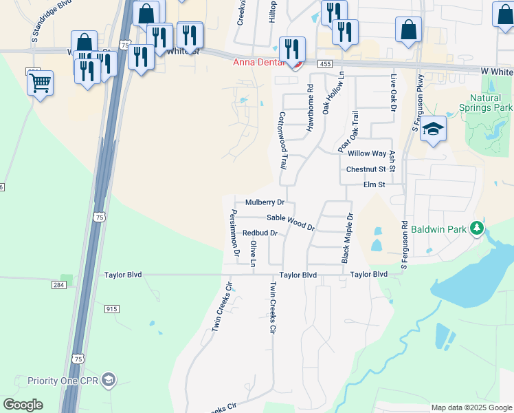 map of restaurants, bars, coffee shops, grocery stores, and more near 2201 Mulberry Drive in Anna