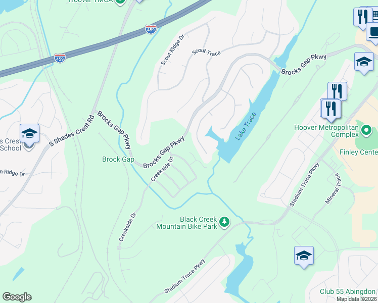 map of restaurants, bars, coffee shops, grocery stores, and more near 1550 Brocks Gap Parkway in Birmingham