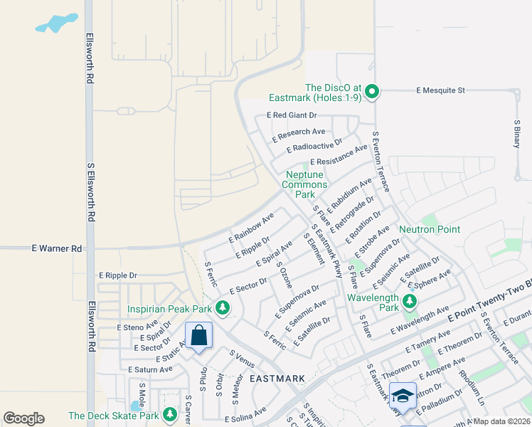 map of restaurants, bars, coffee shops, grocery stores, and more near East Warner Road in Mesa