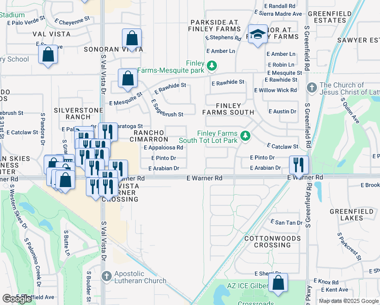 map of restaurants, bars, coffee shops, grocery stores, and more near 687 South Peppertree Drive in Gilbert